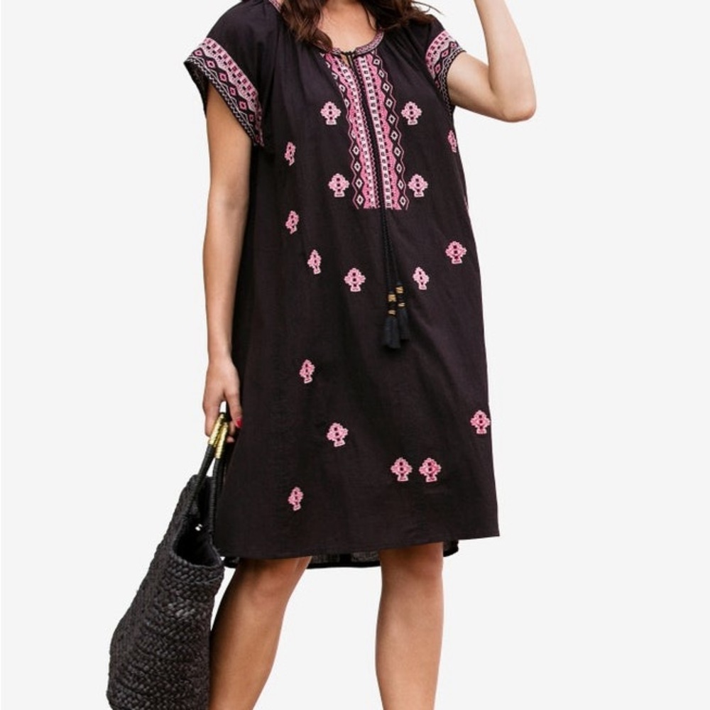 ellos Plus Size Playa Shift Dress Navy Embroidered 100% cotton Boho 4x